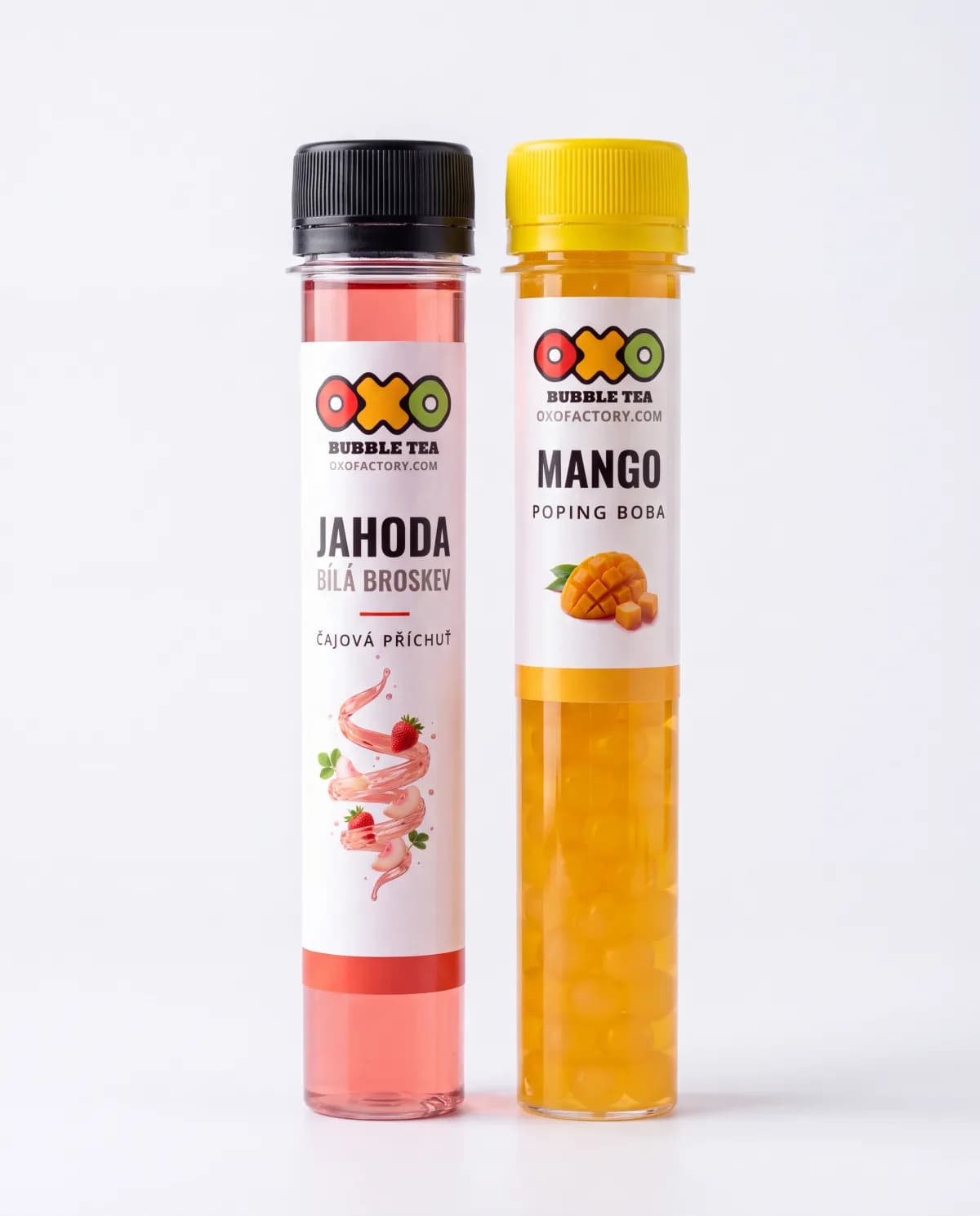 Dvě zkumavky OXO: čajová příchuť Jahoda s bílou broskví a kuličky Mango poping boba